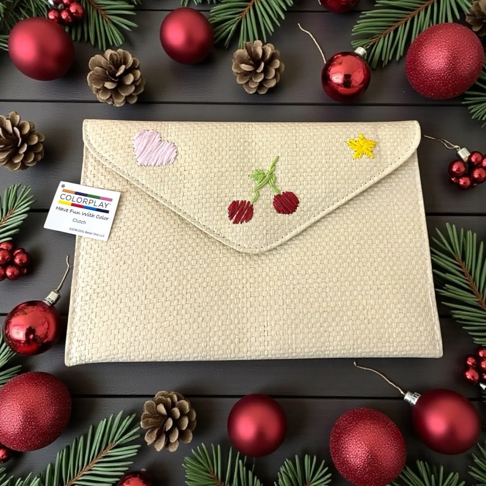 Color Play Straw Clutch with Embroidered  Cherry, Heart &‎ Straw Accents New